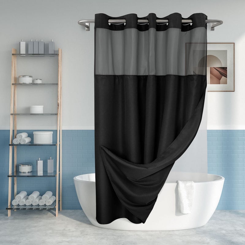 River Dream No Hook Slub Textured Shower Curtain with Snap-in PEVA Liner Set - 71" x 74"(72"), Hotel Style with See Through Top Window, Machine Washable & Water Repellent Fabric, Black, 71x74 - Image 1